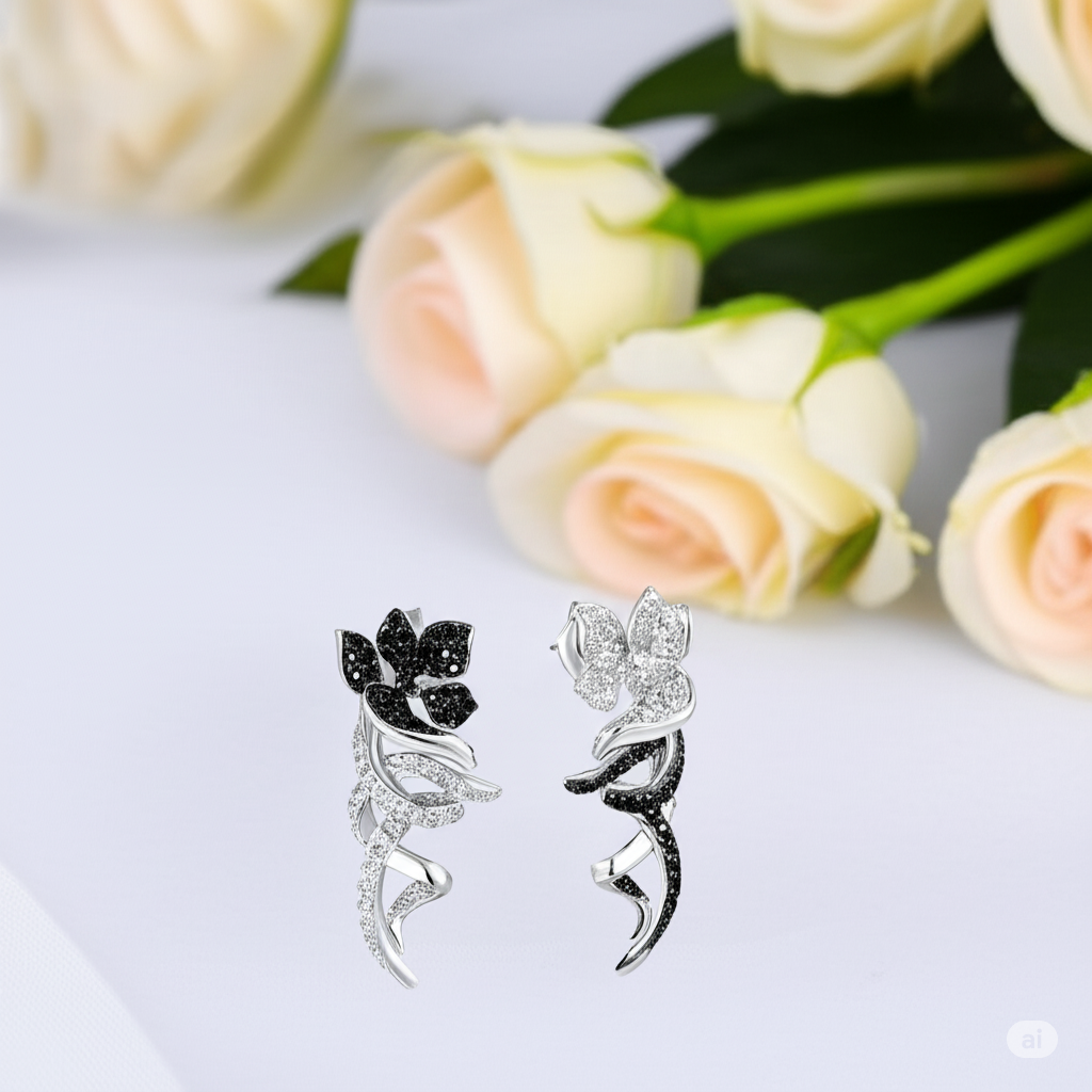 Black and White Diamond Flower Clip Earrings-Black Diamonds New York