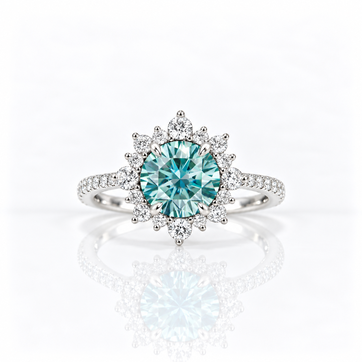 Snowflake Design Halo Round Cut Cyan Blue Diamond Option Engagement Ring-Black Diamonds New York