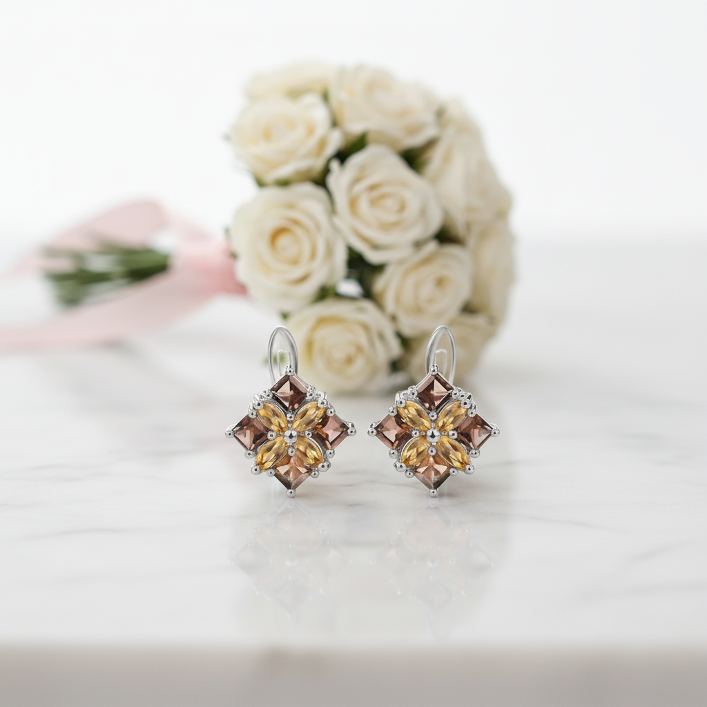 Citrine & Smoky Quartz Flower Stud Earrings-Black Diamonds New York