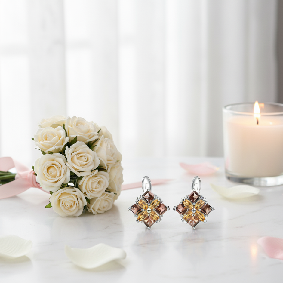 Citrine & Smoky Quartz Flower Stud Earrings-Black Diamonds New York