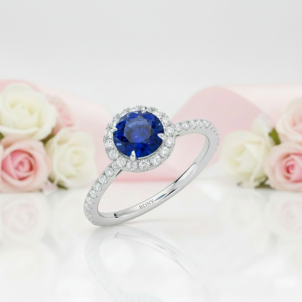 Classic Halo Round Cut Blue Sapphire Engagement Ring-Black Diamonds New York
