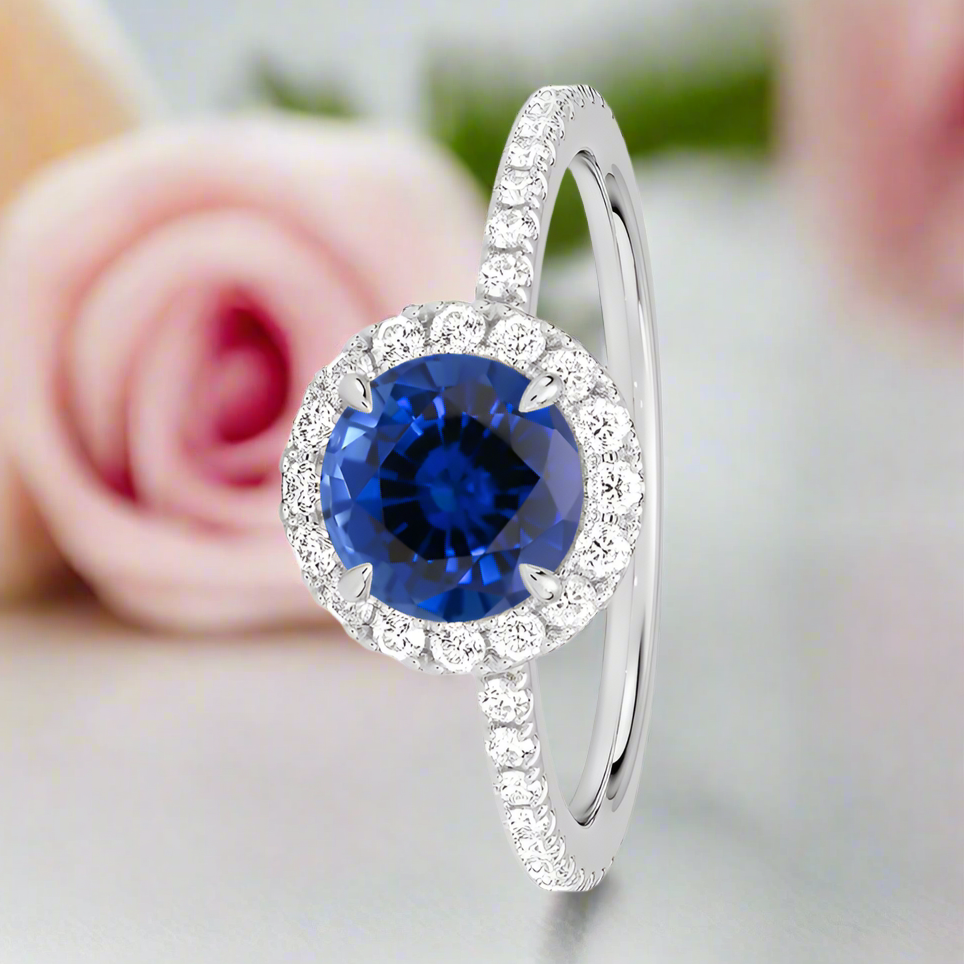 Classic Halo Round Cut Blue Sapphire Engagement Ring-Black Diamonds New York