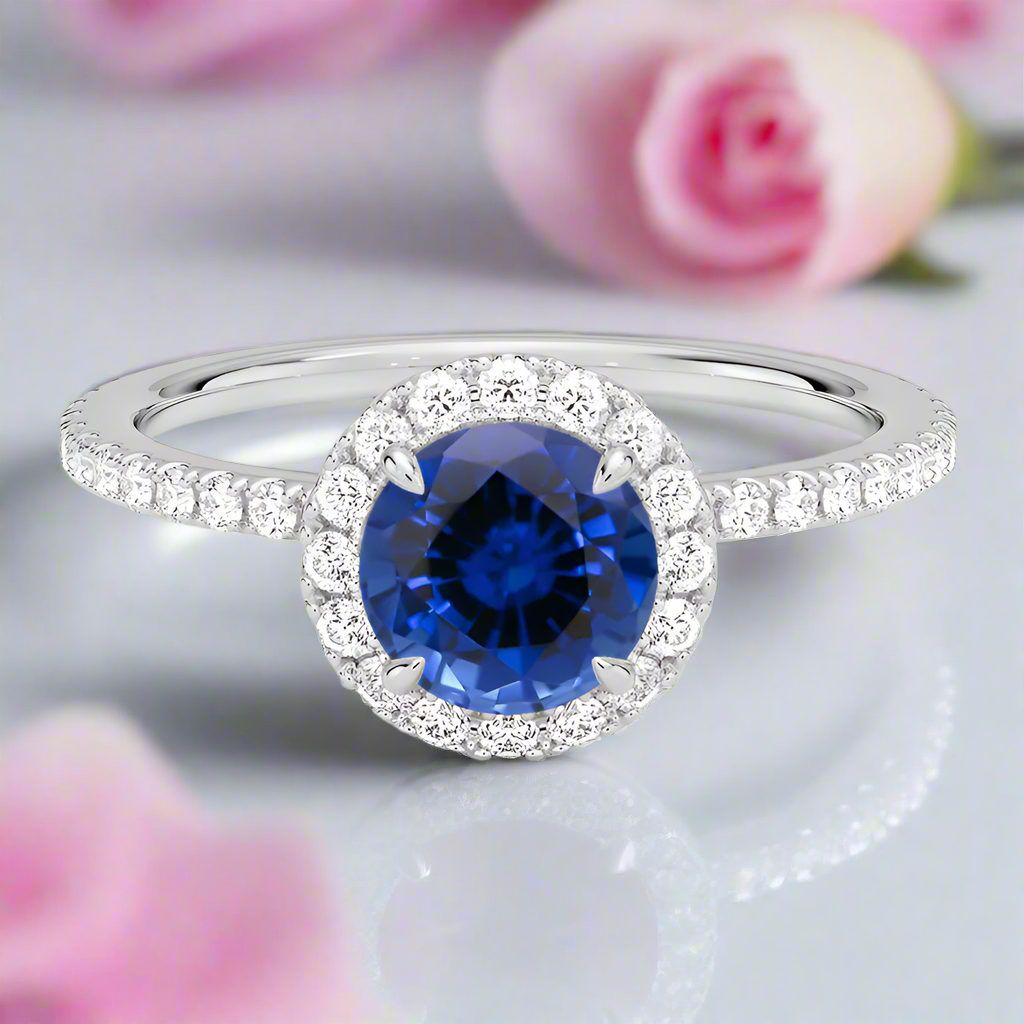 Classic Halo Round Cut Blue Sapphire Engagement Ring-Black Diamonds New York