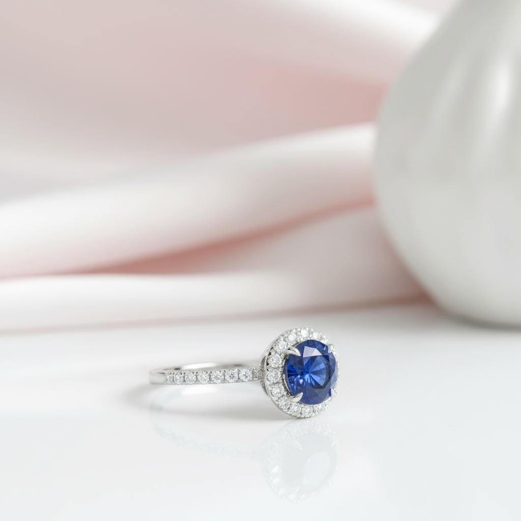 Classic Halo Round Cut Blue Sapphire Engagement Ring-Black Diamonds New York
