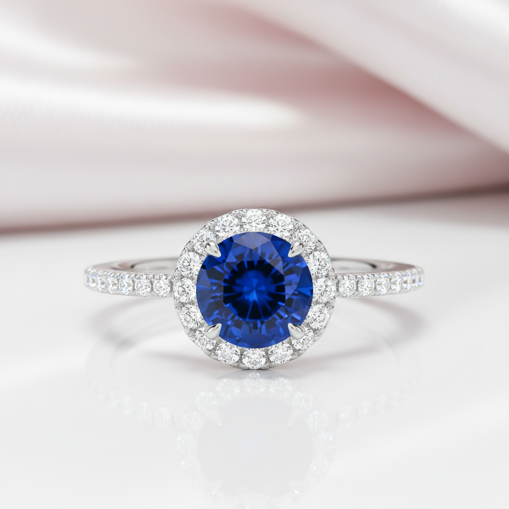 Classic Halo Round Cut Blue Sapphire Engagement Ring-Black Diamonds New York