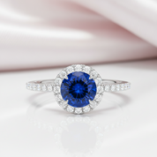 Classic Halo Round Cut Blue Sapphire Engagement Ring-Black Diamonds New York