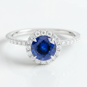 Classic Halo Round Cut Blue Sapphire Engagement Ring-Black Diamonds New York