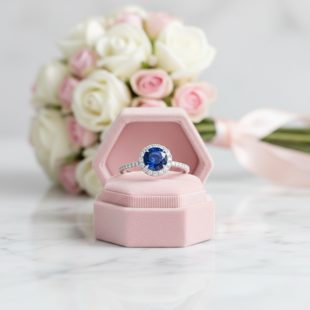 Classic Halo Round Cut Blue Sapphire Engagement Ring-Black Diamonds New York