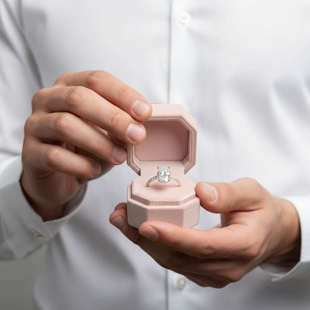 Person holding a pink ring box with a diamond ring inside against a white background
