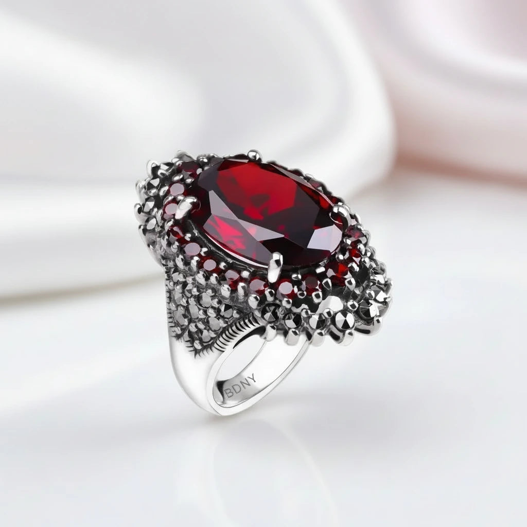 Classic Oval-cut Red Garnet Ring-Black Diamonds New York
