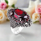 Classic Oval-cut Red Garnet Ring-Black Diamonds New York