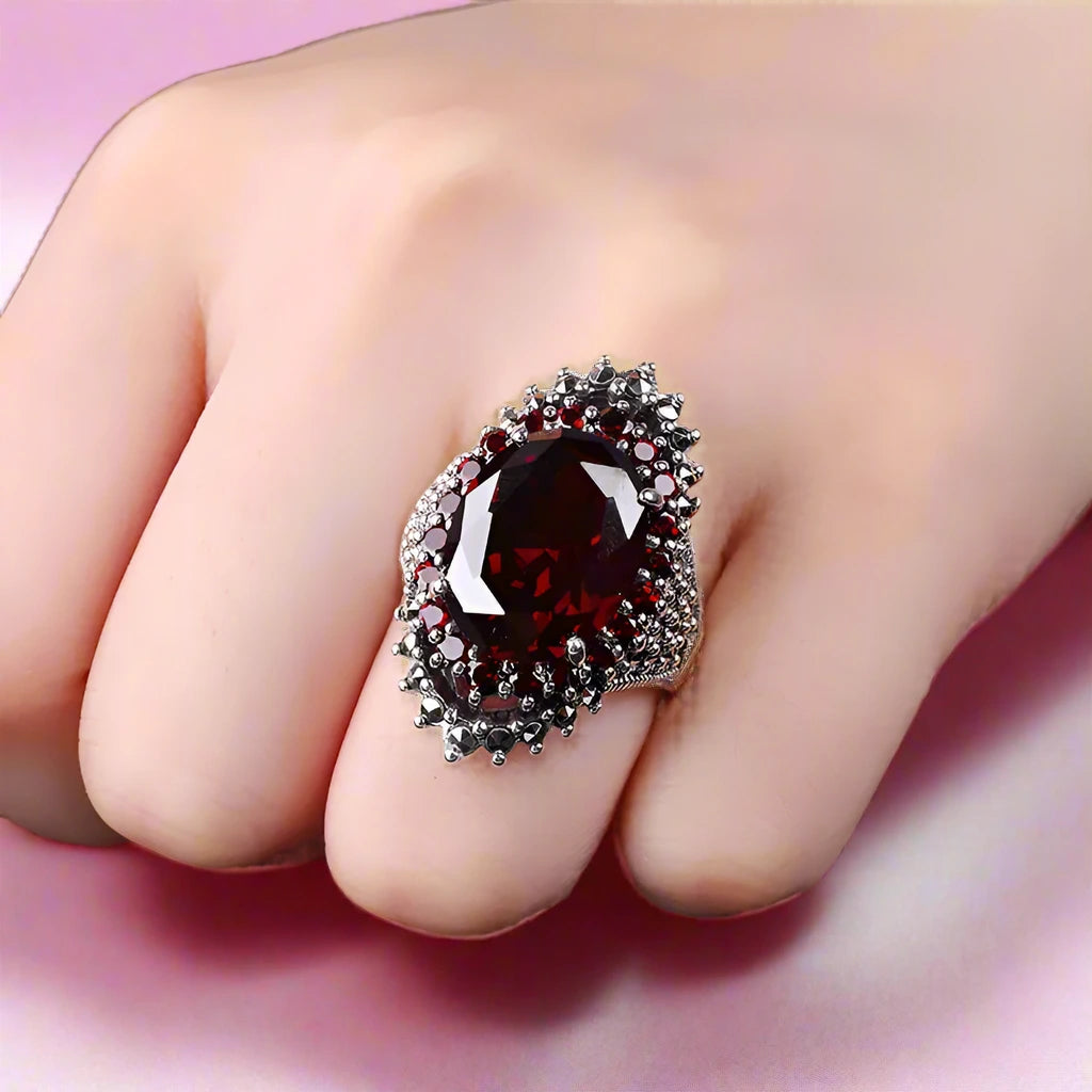 Classic Oval-cut Red Garnet Ring-Black Diamonds New York
