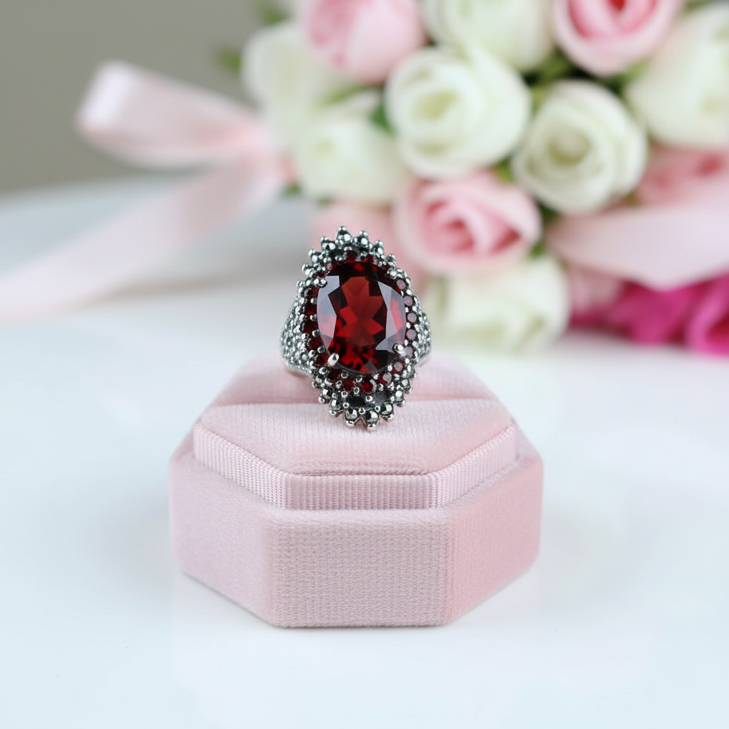 Classic Oval-cut Red Garnet Ring-Black Diamonds New York