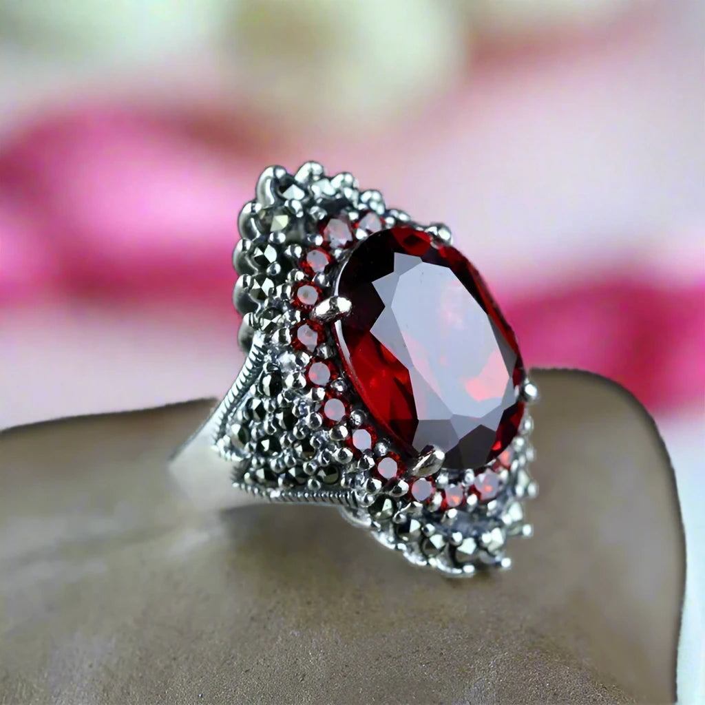 Classic Oval-cut Red Garnet Ring-Black Diamonds New York