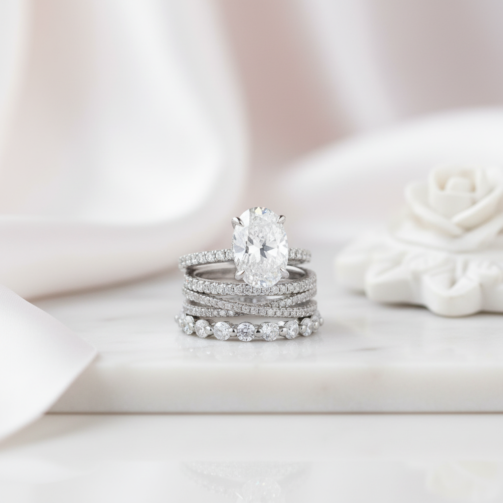 A silver-toned engagement ring with a large oval-cut clear center stone, stacked with matching diamond-studded bands, displayed on a white marble surface with a soft white rose prop in the background.