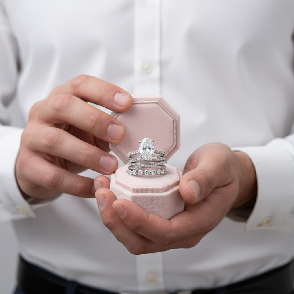 A close-up of a person in a white dress shirt holding an open light pink ring box. The box contains a silver-toned engagement ring with a large round center stone and a matching diamond band.