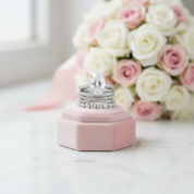A stack of silver-toned rings with clear gemstones displayed on a small pink hexagonal ring box, with a blurred bouquet of white and pink roses in the background.