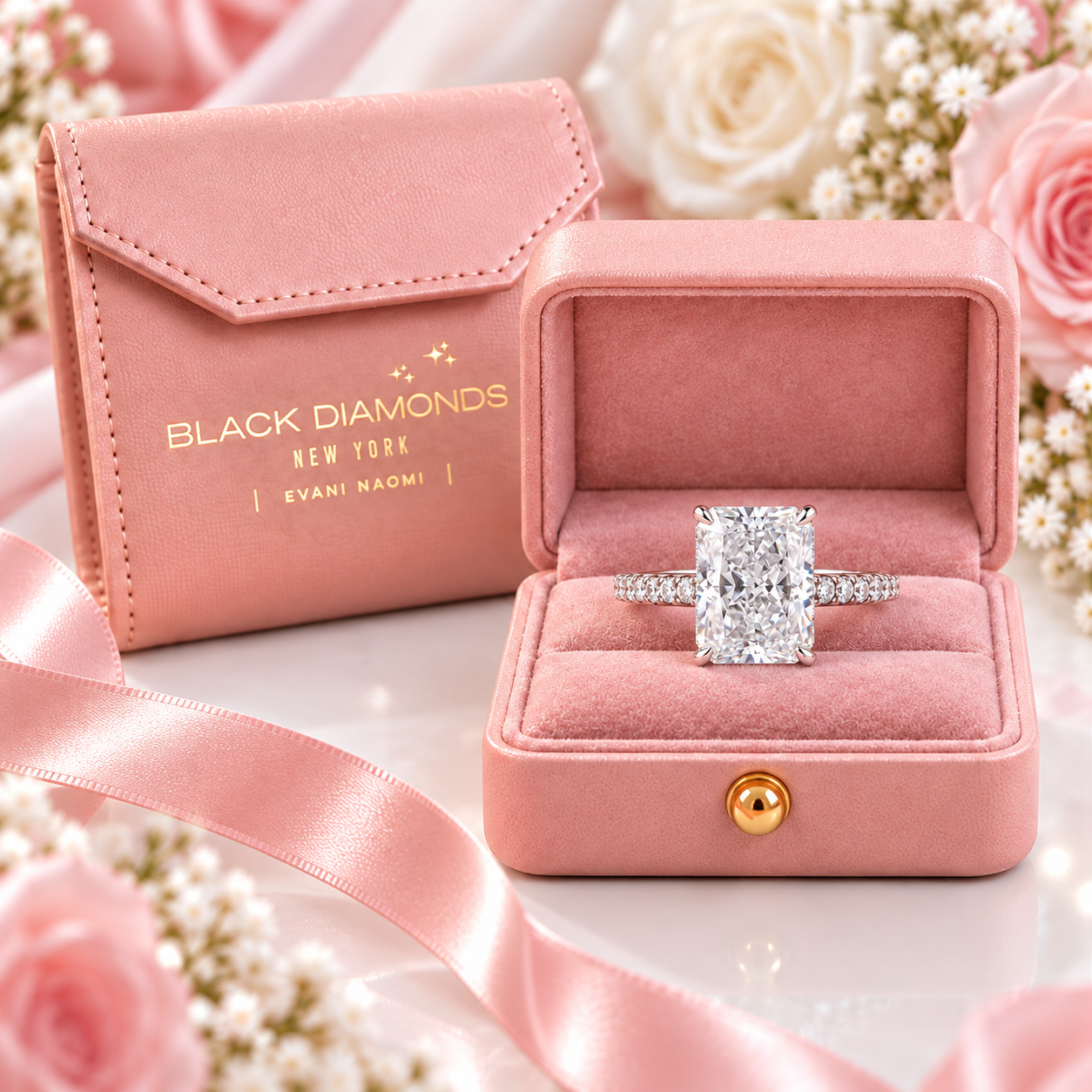 A diamond engagement ring displayed in an open pink velvet ring box next to a matching pink envelope-style box printed with the brand name BLACK DIAMONDS NEW YORK and the designer name EVANI NAOMI. The scene is styled with pink roses, baby's breath, and a pink satin ribbon on a light surface.