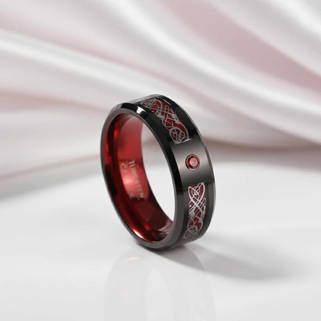 Classic Red Polish Classic Tungsten Carbide Ring-Black Diamonds New York