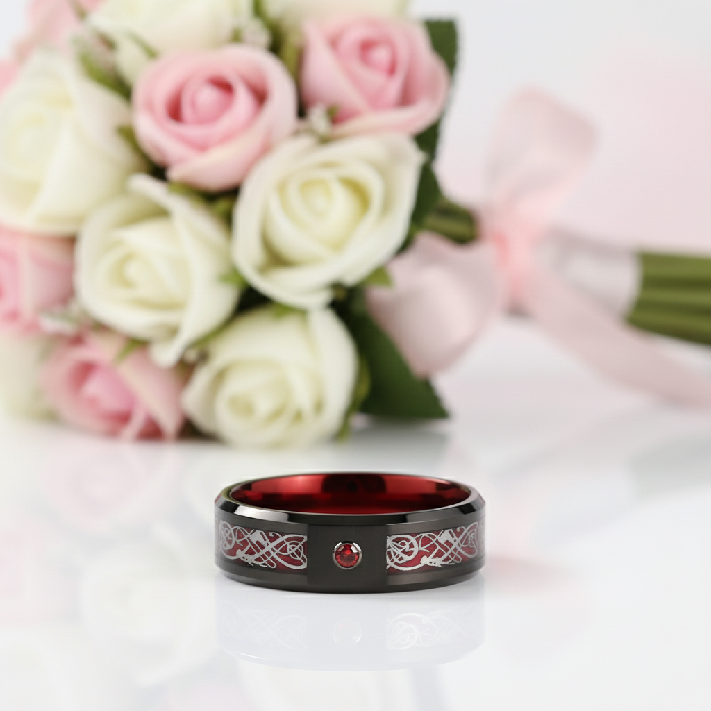 Classic Red Polish Classic Tungsten Carbide Ring-Black Diamonds New York