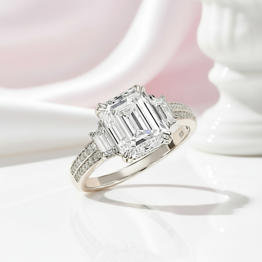 Classic Three Stone Emerald Cut Engagement Ring-Black Diamonds New York