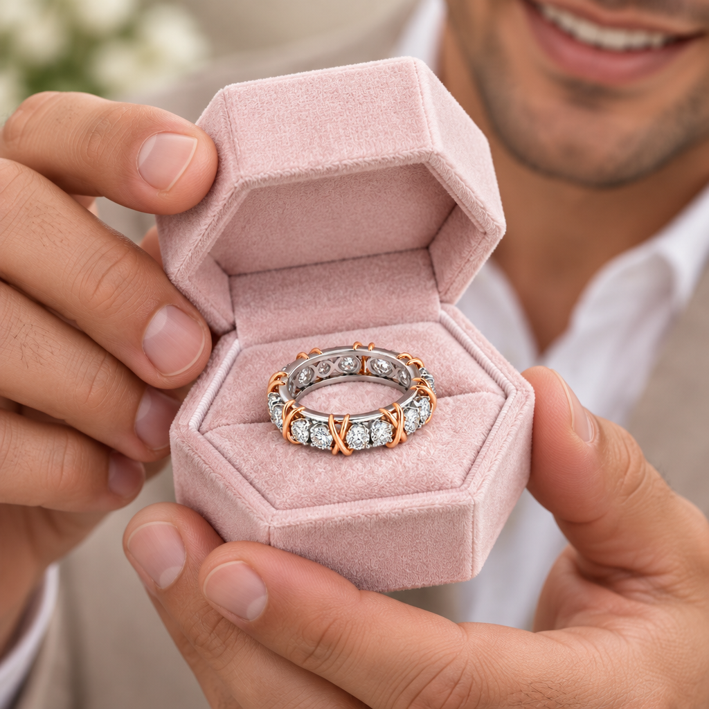 A close-up lifestyle shot of a man holding an open dusty pink velvet ring box, showcasing a diamond eternity band ring with rose gold and silver accents.