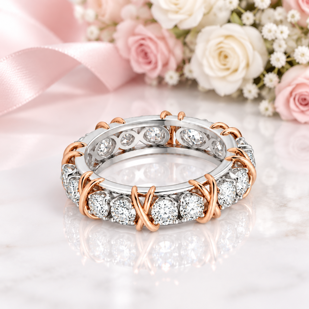 Classic Two Tone 14k Rose and White Gold Diamond Option Eternity Wedding Band-Black Diamonds New York