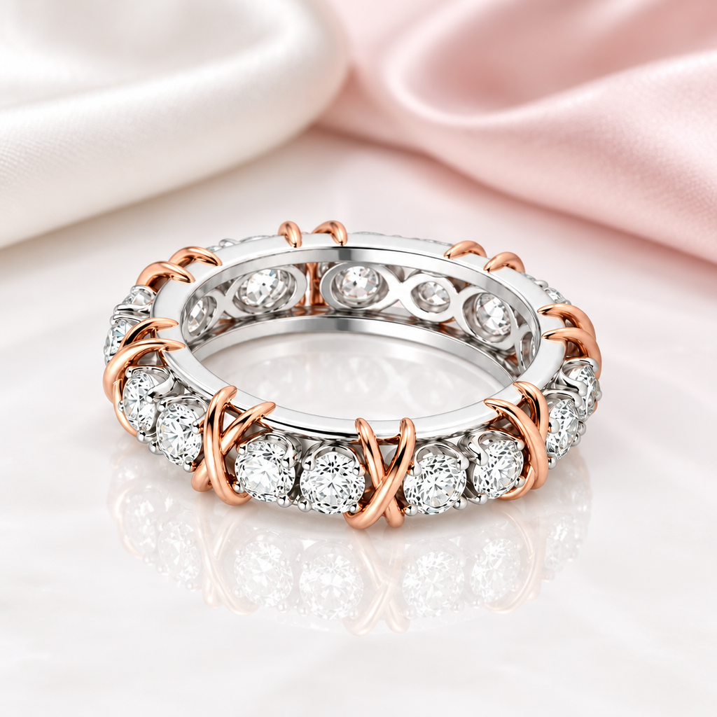 Classic Two Tone 14k Rose and White Gold Diamond Option Eternity Wedding Band-Black Diamonds New York