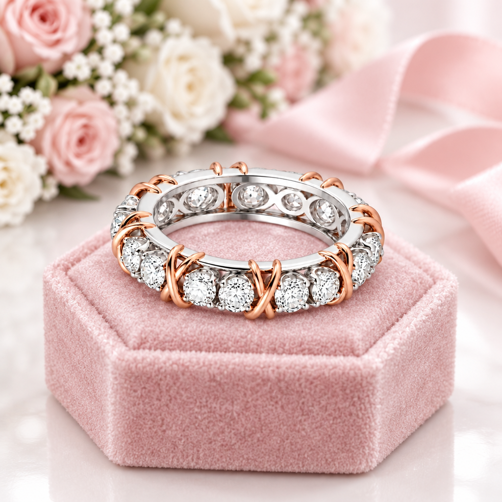 Classic Two Tone 14k Rose and White Gold Diamond Option Eternity Wedding Band-Black Diamonds New York