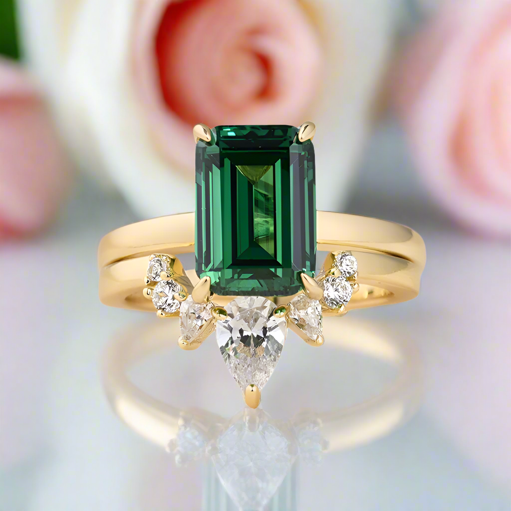 Classic Yellow Gold 3 carat Emerald Cut Wedding Ring Set-Black Diamonds New York