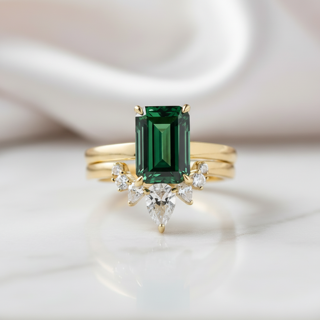 Classic Yellow Gold 3 carat Emerald Cut Wedding Ring Set-Black Diamonds New York