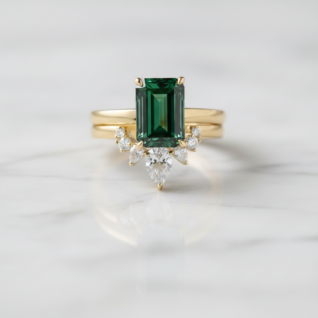 Classic Yellow Gold 3 carat Emerald Cut Wedding Ring Set-Black Diamonds New York