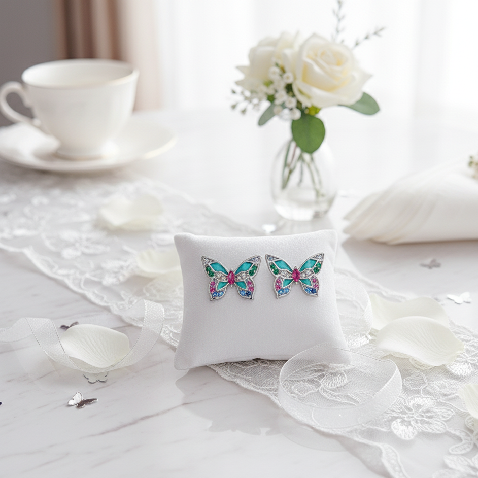 Colorful Diamond Butterfly Stud Earrings-Black Diamonds New York