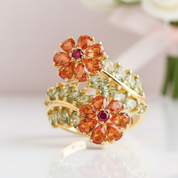 Colorful Tourmaline & Orange Corundum Flower Ring-Black Diamonds New York