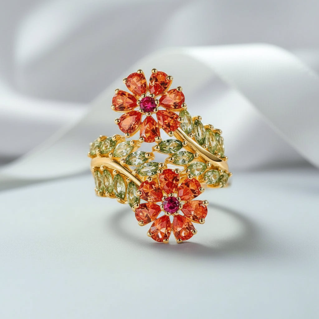Colorful Tourmaline & Orange Corundum Flower Ring – Black Diamonds