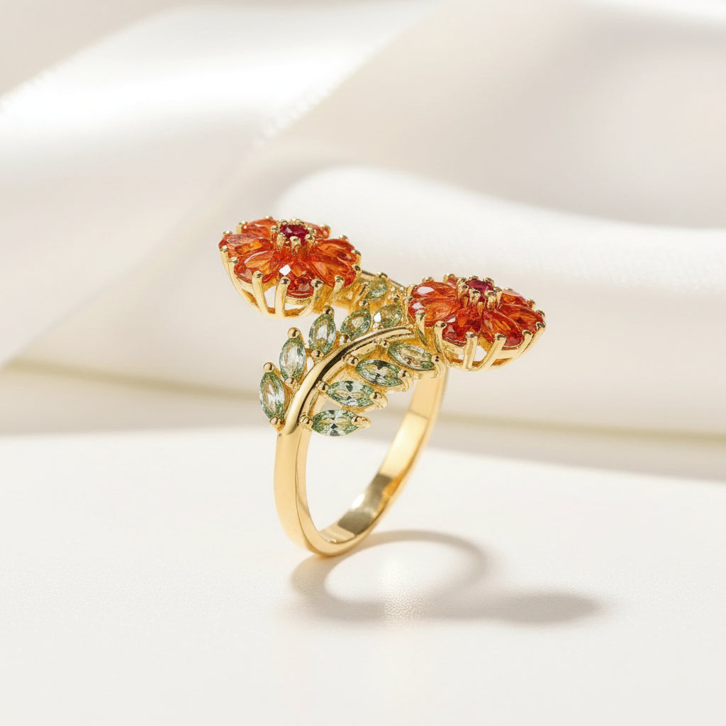 Colorful Natural Tourmaline & Orange Corundum Flower Ring – Black