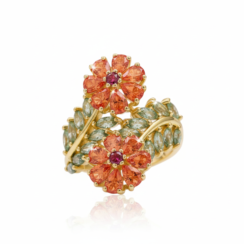 Colorful Tourmaline & Orange Corundum Flower Ring-Black Diamonds New York
