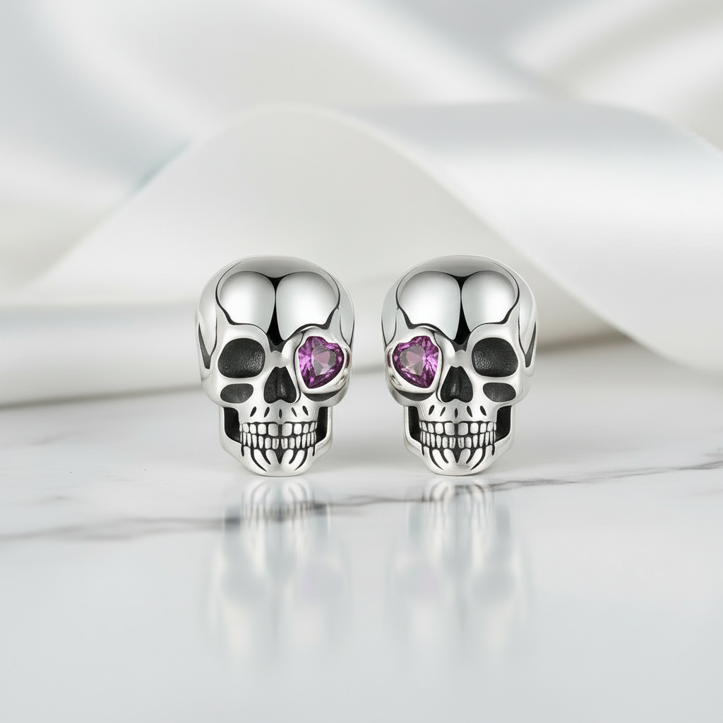 Cool Skull Pink Heart-shaped Diamond Stud Earrings-Black Diamonds New York