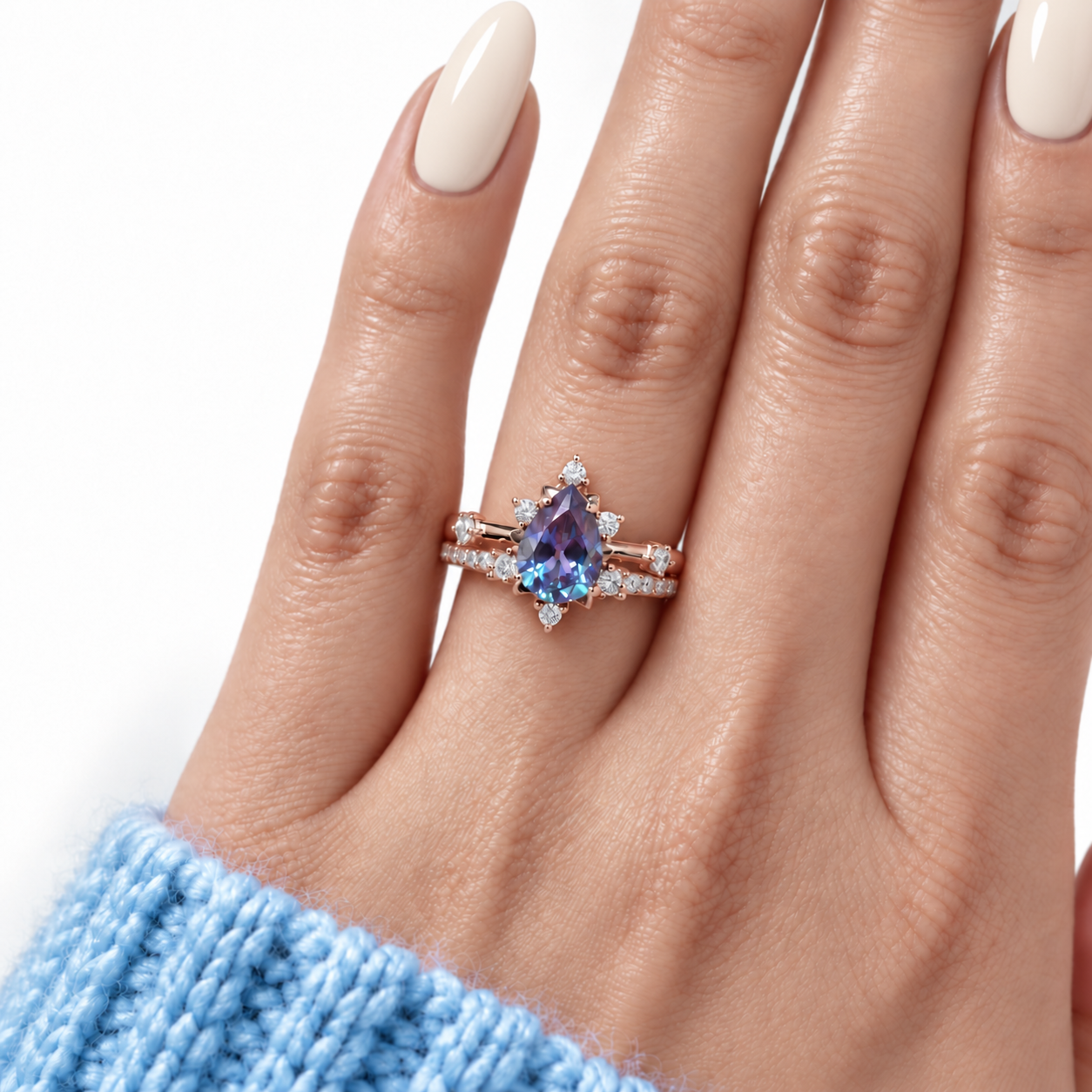 Pear Cut Alexandrite Water Drop Engagement Ring Set-Black Diamonds New York