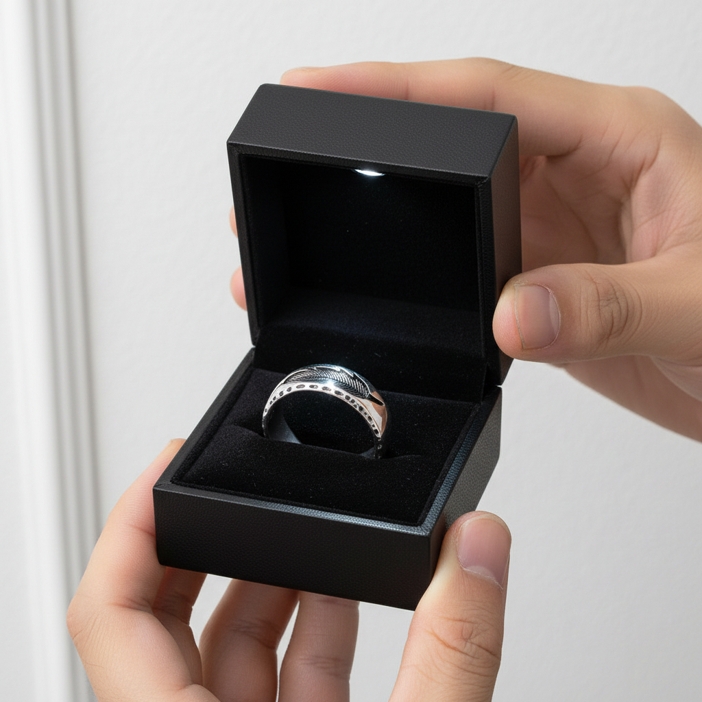 Person holding a black jewelry box with a silver ring inside against a neutral background
