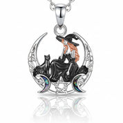 Crescent Moon Witch Black Cat Necklace Pentagram Triple Moon Goddess Pendant Wiccan Pagan Jewelry-Black Diamonds New York