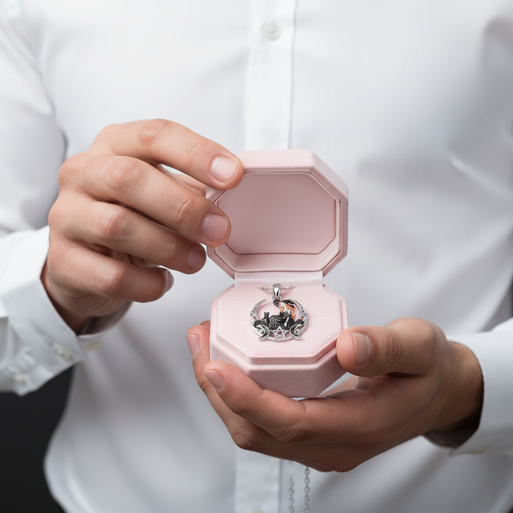 A person in a white dress shirt holds an open light pink jewelry box displaying a silver-toned pendant with black enamel and small orange details.