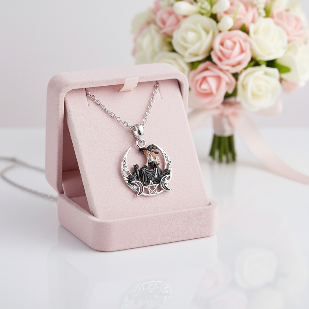 A silver-toned pendant necklace with a detailed fairy illustration on a crescent moon, displayed in an open light pink jewelry box. A bouquet of pink and white roses is softly blurred in the background.