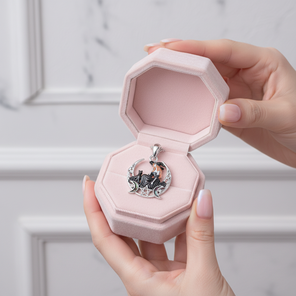 A silver crescent moon and deer pendant with black enamel details is displayed inside an open light pink velvet jewelry box, held by two hands against a soft gray paneled background.