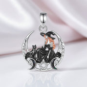Crescent Moon Witch Black Cat Necklace Pentagram Triple Moon Goddess Pendant Wiccan Pagan Jewelry-Black Diamonds New York