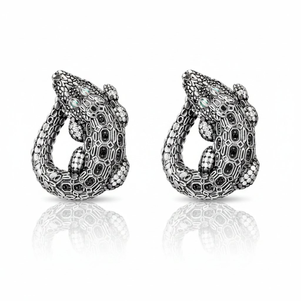 Crocodile Hinged Hoop Earrings-Black Diamonds New York