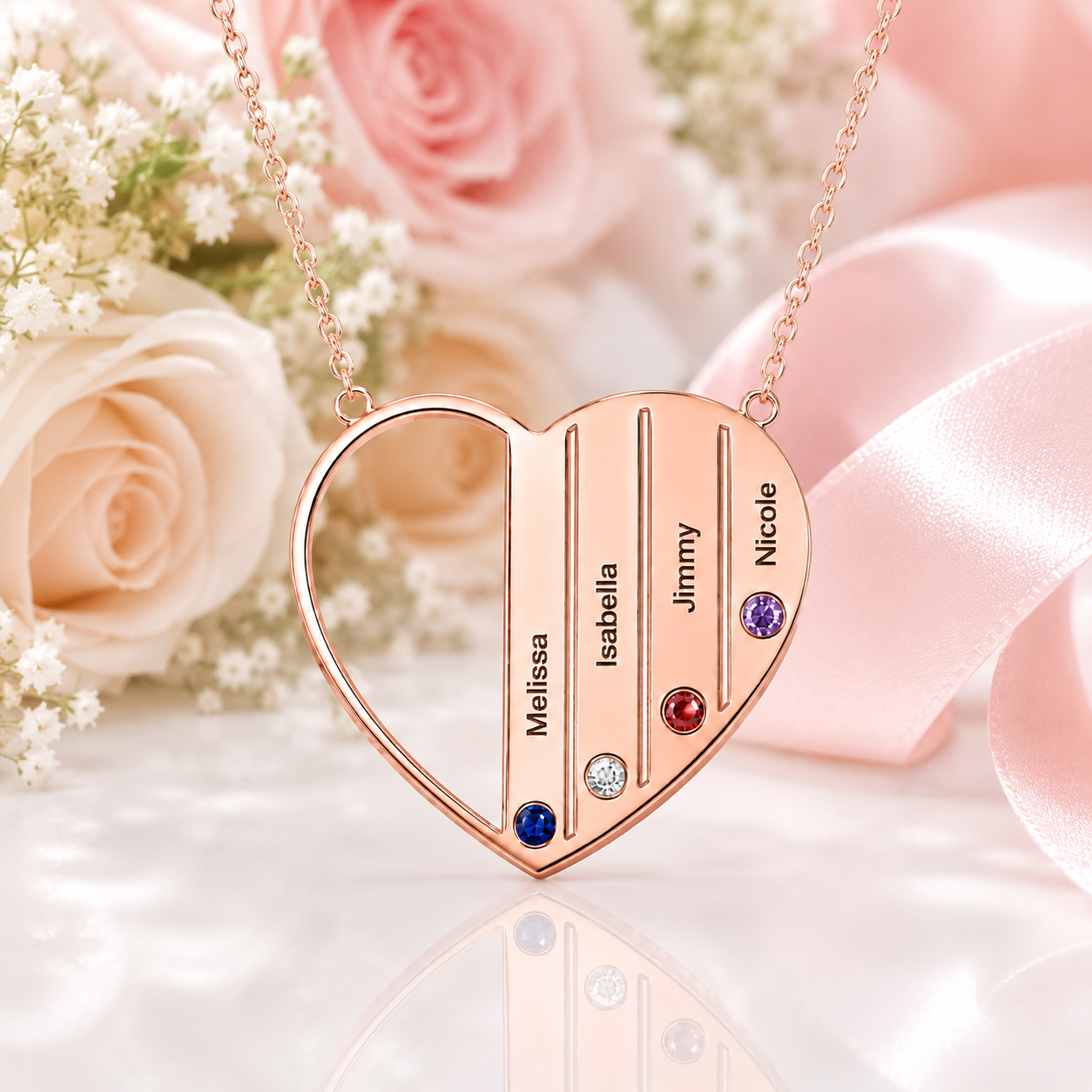 Custom Engraved Family Heart Necklace with Birthstones-Black Diamonds New York