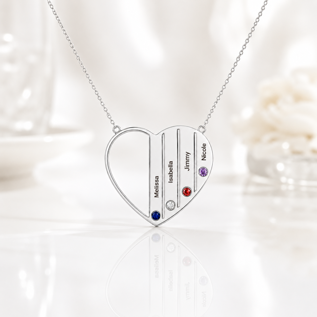 Custom Engraved Family Heart Necklace with Birthstones-Black Diamonds New York