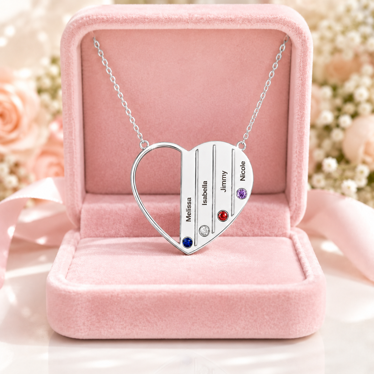 Custom Engraved Family Heart Necklace with Birthstones-Black Diamonds New York