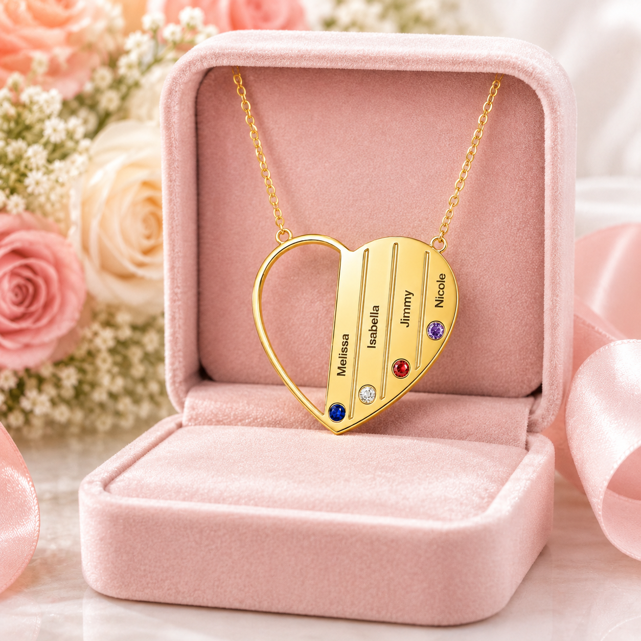 Custom Engraved Family Heart Necklace with Birthstones-Black Diamonds New York